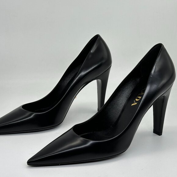 PRADA Triangle Show Leather Pointed Toe Pumps Heels Shoes Black - Picture 10 of 15